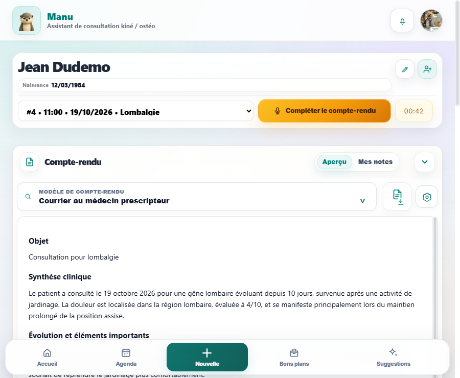 Compte rendu Manu pour Jean Dudemo, patient fictif