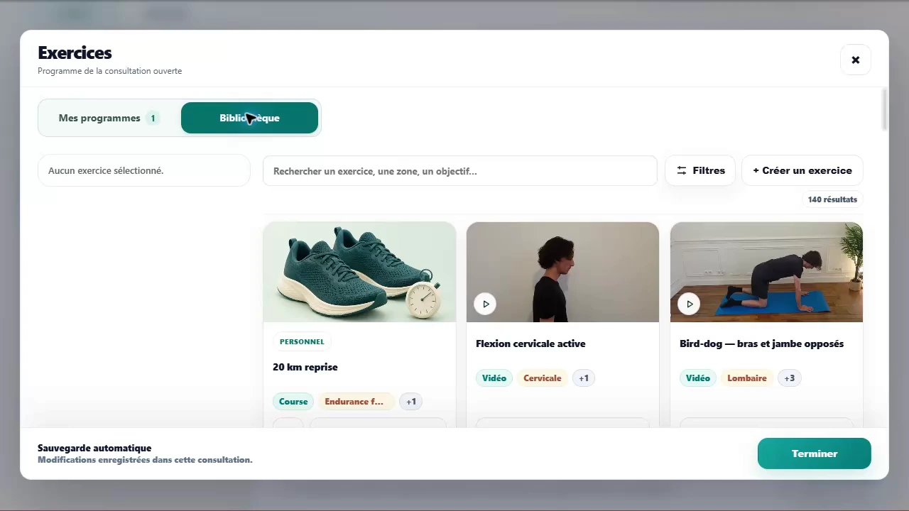 Bibliothèque d’exercices Manu : recherche, filtres et vignettes des exercices