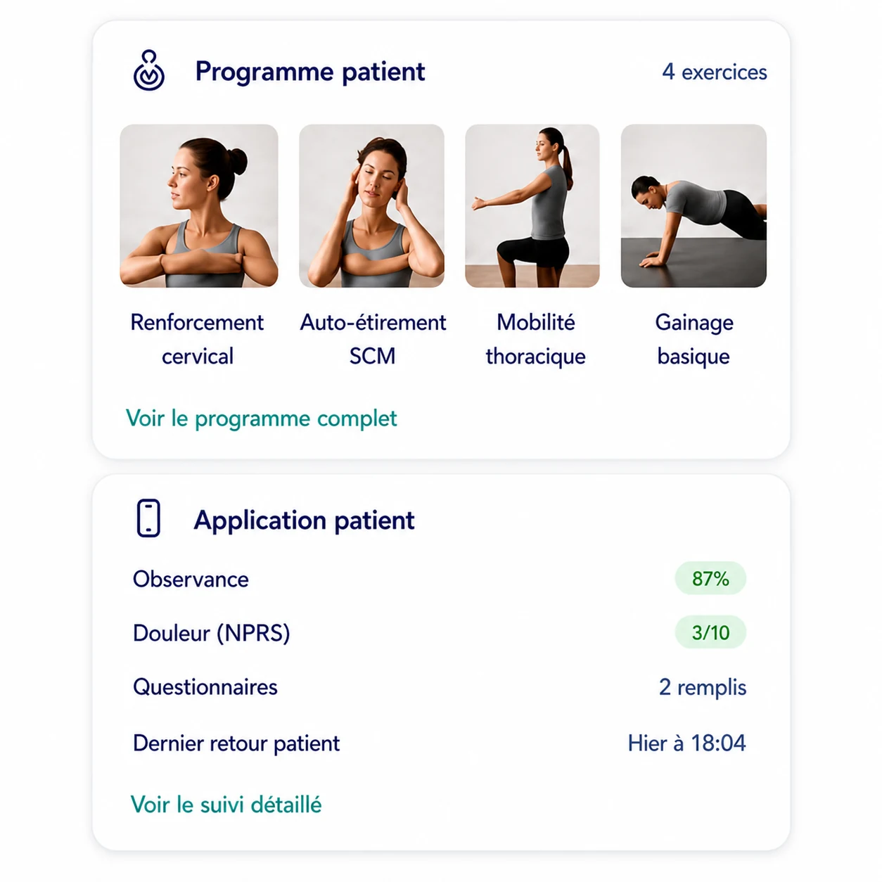 Programme d’exercices et suivi patient dans Manu