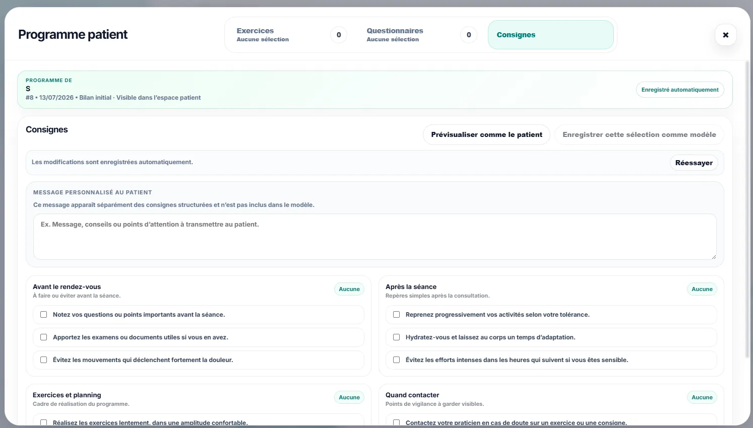 Consignes personnalisées dans le programme patient