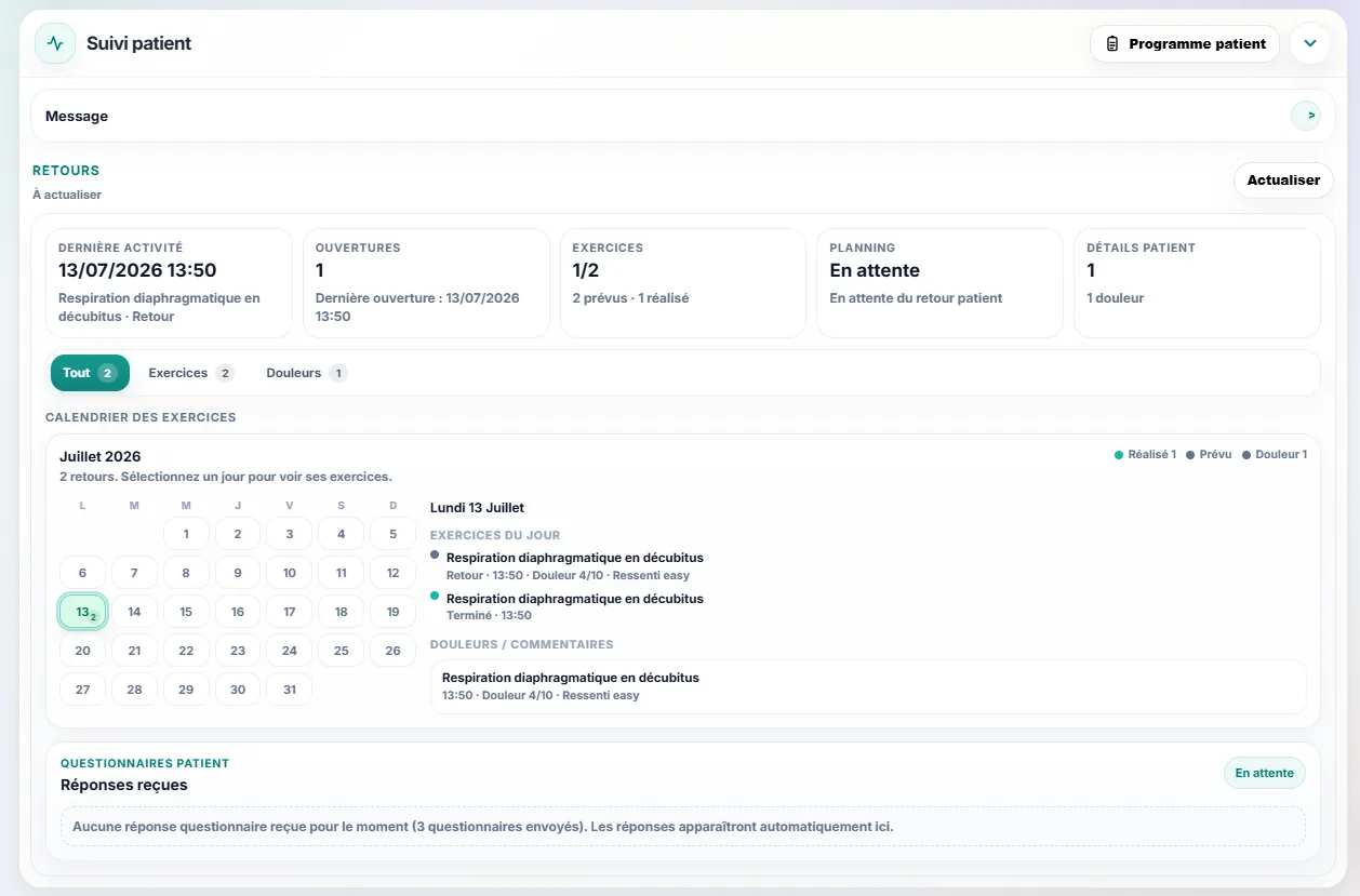 Vue du suivi patient dans l’application Manu