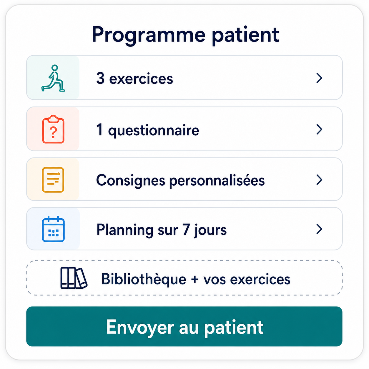 Programme patient avec exercices, questionnaire, consignes et planning